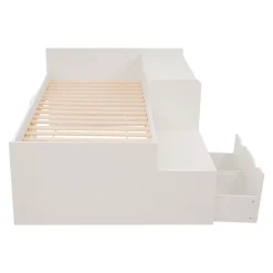 Lit enfant 90x200 cm - Lit simple avec bureau intégré et tiroirs de rangement - Bois massif, pin et MDF - Blanc - Sans matelas