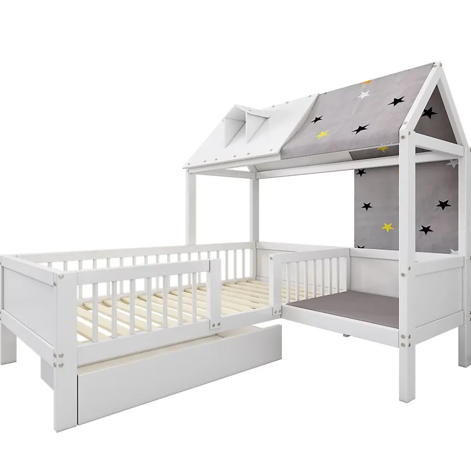 Lit Enfant 90x200 cm - Lit Simple en Bois avec Tiroir de Rangement - Blanc