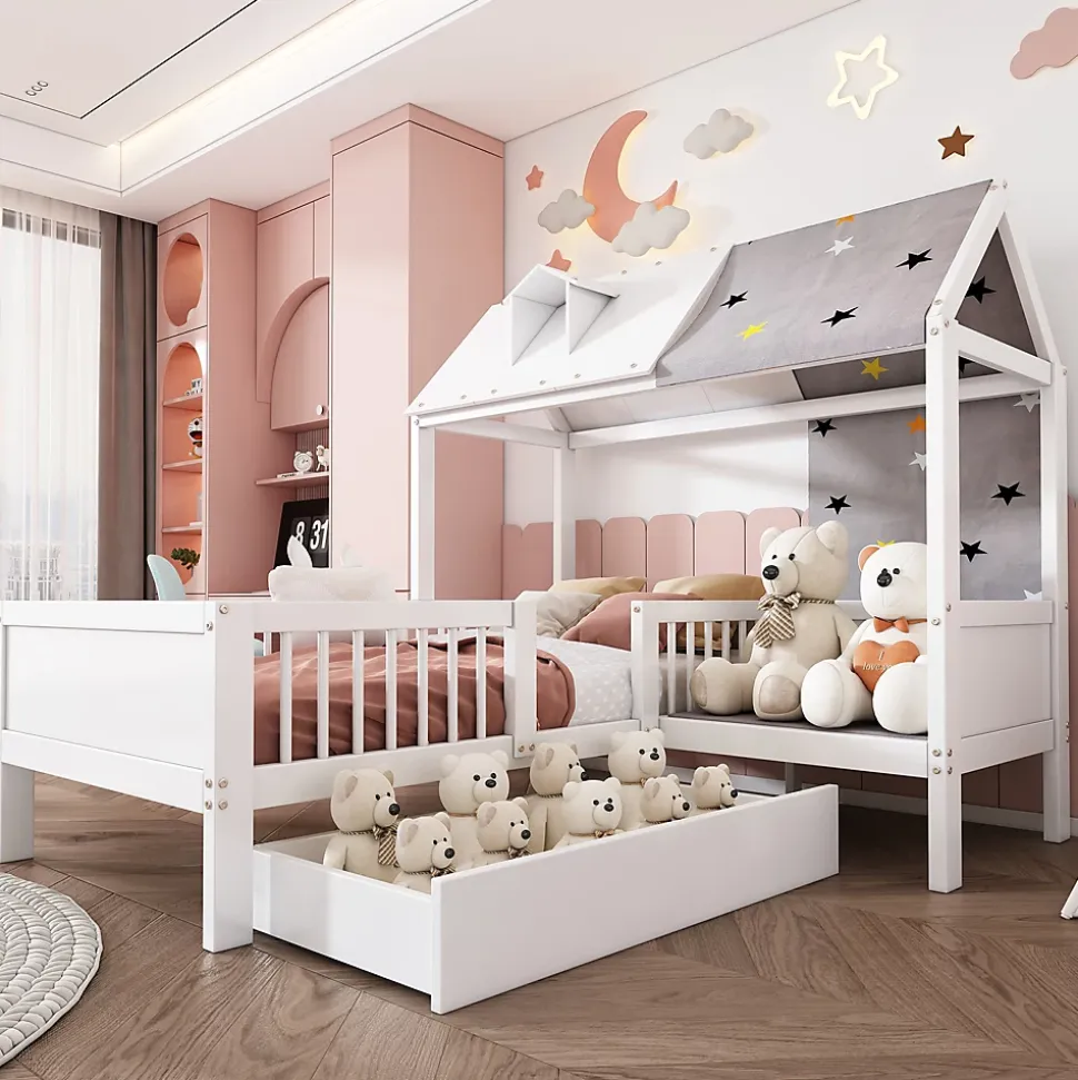 Lit Enfant 90x200 cm - Lit Simple en Bois avec Tiroir de Rangement - Blanc