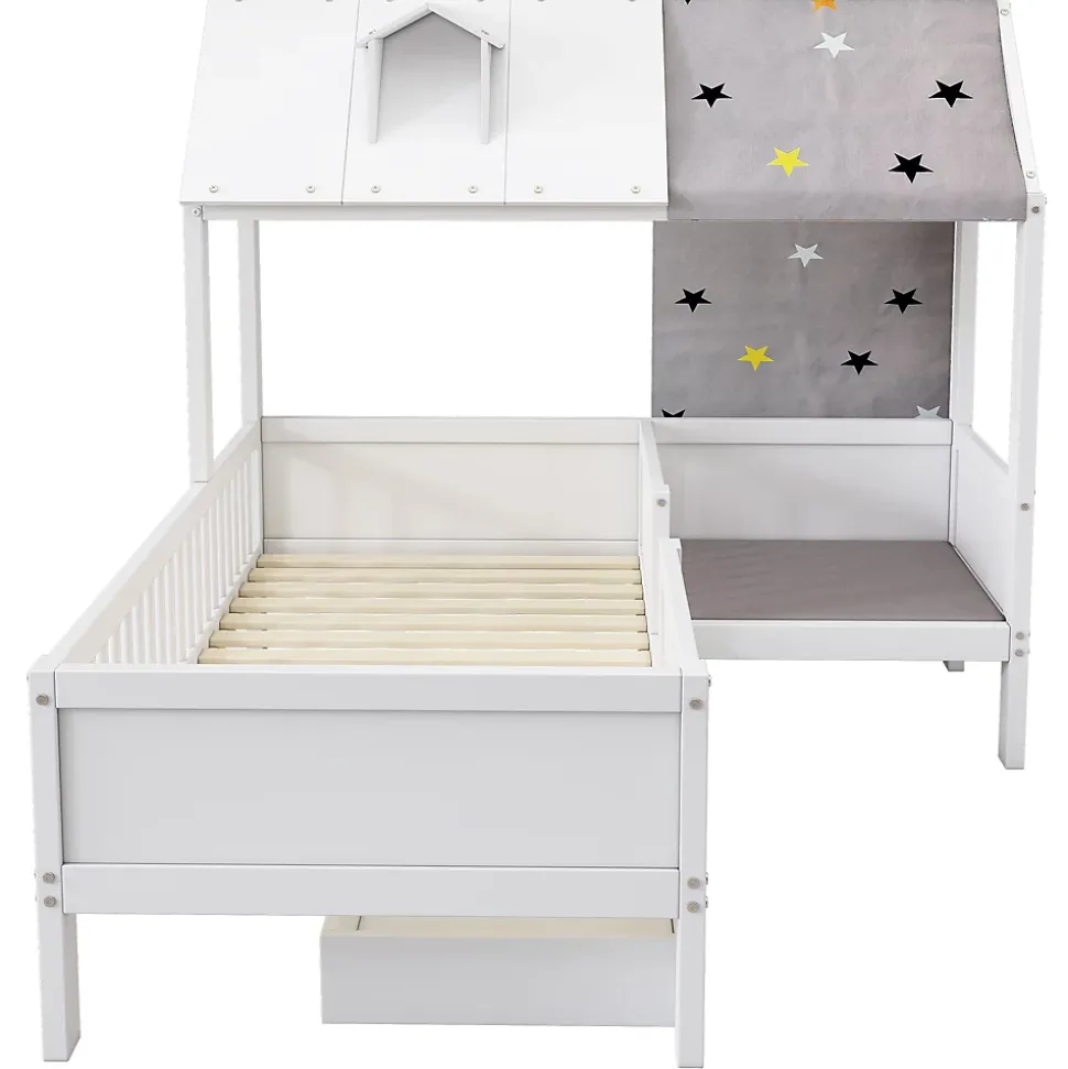 Lit Enfant 90x200 cm - Lit Simple en Bois avec Tiroir de Rangement - Blanc