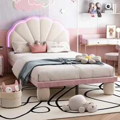 Lit enfant 90x200 cm - Lit Simple avec LED Multicolores, Pieds Ronds Capitonnés, Velours, Sans Matelas - Beige et Rose