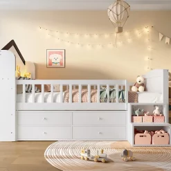 Lit enfant 90x200 cm - Lit simple Mi-Hauteur avec Cabane, Fenêtre, Tiroirs de Rangement et Éclairage LED - Bois MDF - Blanc