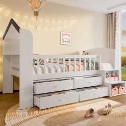 Lit enfant 90x200 cm - Lit simple Mi-Hauteur avec Cabane, Fenêtre, Tiroirs de Rangement et Éclairage LED - Bois MDF - Blanc