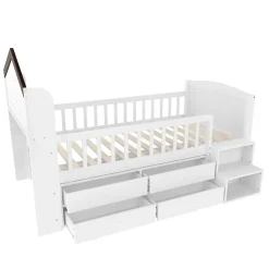 Lit enfant 90x200 cm - Lit simple Mi-Hauteur avec Cabane, Fenêtre, Tiroirs de Rangement et Éclairage LED - Bois MDF - Blanc