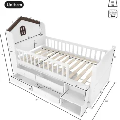 Lit enfant 90x200 cm - Lit simple Mi-Hauteur avec Cabane, Fenêtre, Tiroirs de Rangement et Éclairage LED - Bois MDF - Blanc