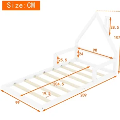 Lit enfant 90x200 cm - Lit Simple en Pin Massif et MDF, Structure Solide avec 7 Lattes, Sans Matelas, Blanche