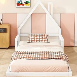 Lit enfant 90x200 cm - Lit Simple en Pin Massif et MDF, Structure Solide avec 7 Lattes, Sans Matelas, Blanche