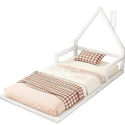 Lit enfant 90x200 cm - Lit Simple en Pin Massif et MDF, Structure Solide avec 7 Lattes, Sans Matelas, Blanche
