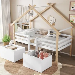 Lit enfant 90x200 cm - Lit Simple Cabane avec Escalier et 2 Rangements, Sans Matelas - Pin Blanc et Naturel