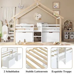 Lit enfant 90x200 cm - Lit Simple Cabane avec Escalier et 2 Rangements, Sans Matelas - Pin Blanc et Naturel