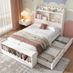 Lit enfant 90x190 cm - Lit Simple avec 2 Tiroirs, Étagère et Banc, Bois Massif et MDF, Sans Matelas - Blanc et Chêne Votan
