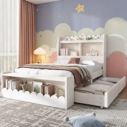 Lit enfant 90x190 cm - Lit Simple avec 2 Tiroirs, Étagère et Banc, Bois Massif et MDF, Sans Matelas - Blanc et Chêne Votan