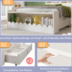 Lit enfant 90x190 cm - Lit Simple avec 2 Tiroirs, Étagère et Banc, Bois Massif et MDF, Sans Matelas - Blanc et Chêne Votan