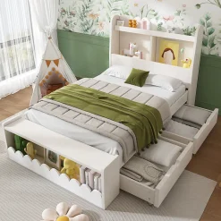 Lit enfant 90x190 cm - Lit Simple avec 2 Tiroirs, Étagère et Banc, Bois Massif et MDF, Sans Matelas - Blanc et Chêne Votan