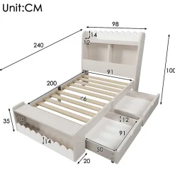 Lit enfant 90x200 cm - Lit Simple avec Tiroirs et Étagère, Sans Matelas, Bois Massif et MDF, Blanc Chêne Votan