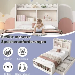 Lit enfant 90x200 cm - Lit Simple avec Tiroirs et Étagère, Sans Matelas, Bois Massif et MDF, Blanc Chêne Votan