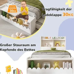 Lit enfant 90x200 cm - Lit Simple avec Tiroirs et Étagère, Sans Matelas, Bois Massif et MDF, Blanc Chêne Votan