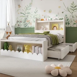 Lit enfant 90x200 cm - Lit Simple avec Tiroirs et Étagère, Sans Matelas, Bois Massif et MDF, Blanc Chêne Votan