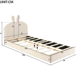 Lit enfant 90x200 cm - Lit Simple avec Tête Capitonnée, design Lapin, Sans Matelas - Velours Beige