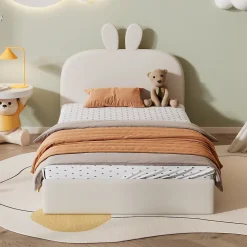 Lit enfant 90x200 cm - Lit Simple avec Tête Capitonnée, design Lapin, Sans Matelas - Velours Beige