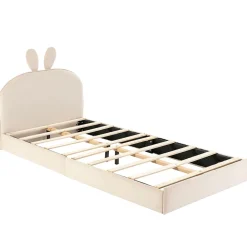 Lit enfant 90x200 cm - Lit Simple avec Tête Capitonnée, design Lapin, Sans Matelas - Velours Beige