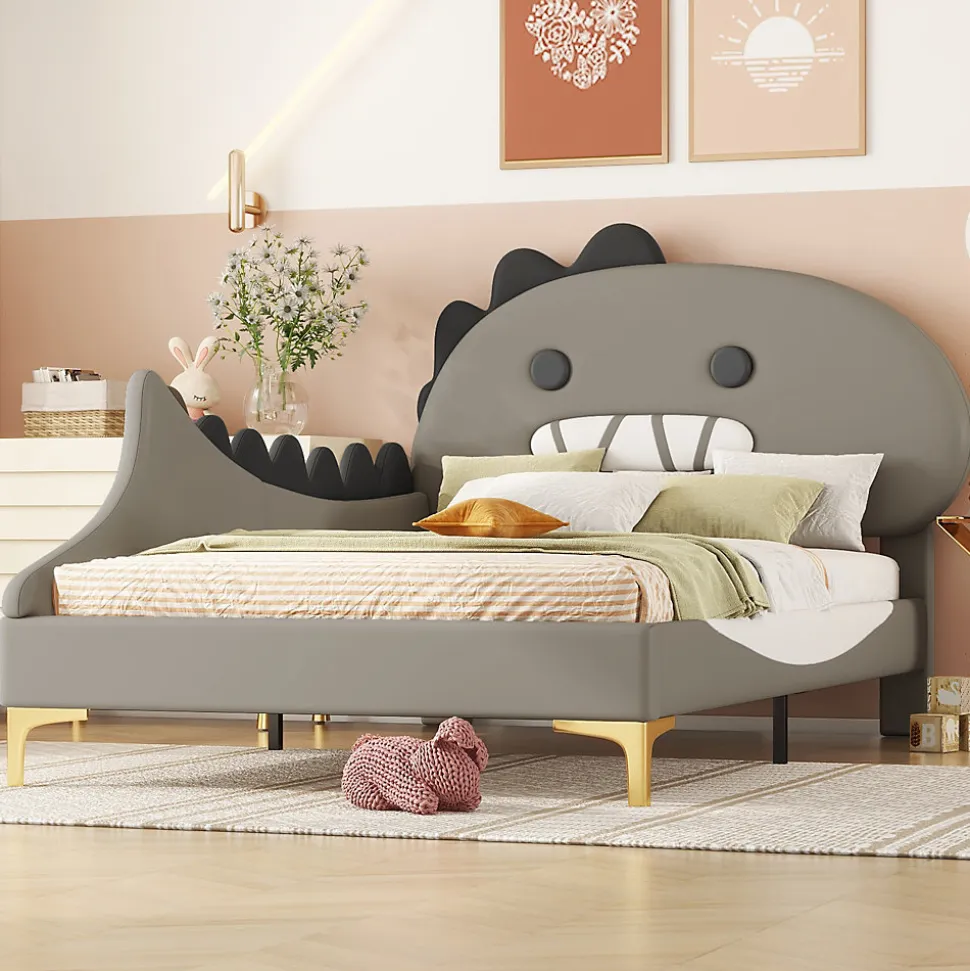Lit enfant 90x200 cm - Lit Simple Dinosaure avec Tête de Lit Décorative - PU et MDF - Gris - Sans Matelas