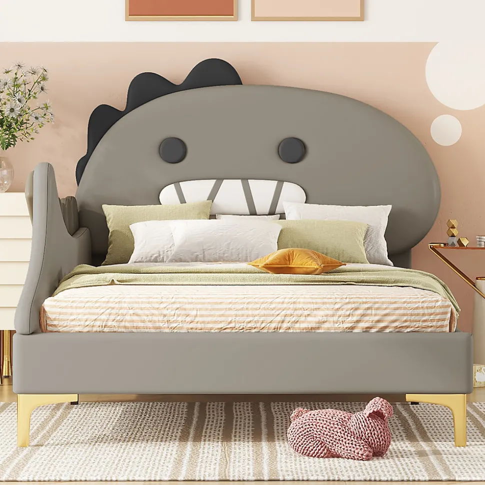 Lit enfant 90x200 cm - Lit Simple Dinosaure avec Tête de Lit Décorative - PU et MDF - Gris - Sans Matelas