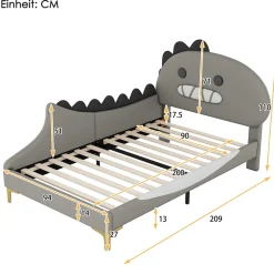 Lit enfant 90x200 cm - Lit Simple Dinosaure avec Tête de Lit Décorative - PU et MDF - Gris - Sans Matelas