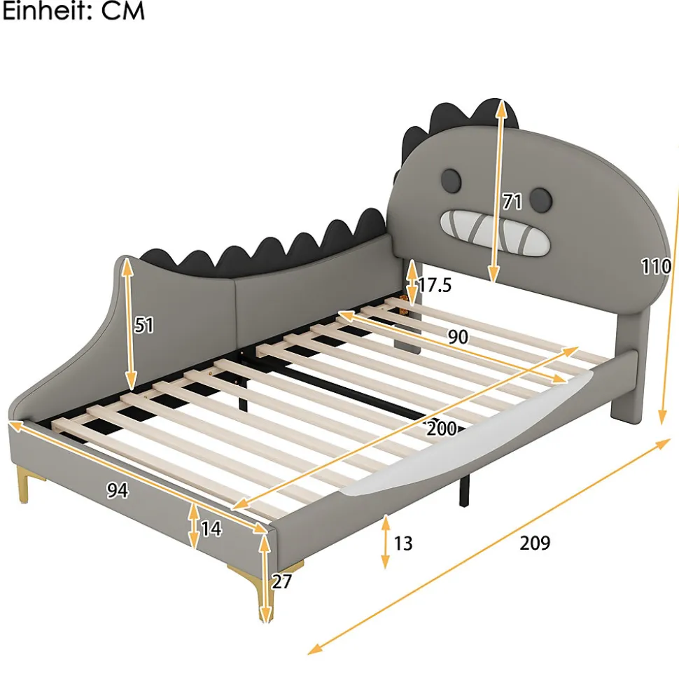 Lit enfant 90x200 cm - Lit Simple Dinosaure avec Tête de Lit Décorative - PU et MDF - Gris - Sans Matelas