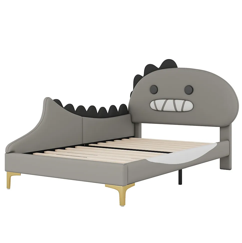 Lit enfant 90x200 cm - Lit Simple Dinosaure avec Tête de Lit Décorative - PU et MDF - Gris - Sans Matelas