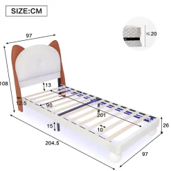 Lit enfant 90x200 cm - Lit Tête de Chat avec LED intégrée - PU - Sans matelas - Beige