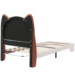 Lit enfant 90x200 cm - Lit Tête de Chat avec LED intégrée - PU - Sans matelas - Beige