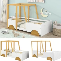 Lit enfant 90x200 cm - Lit Voiture Thématique avec Roulettes Pour enfant - Blanc