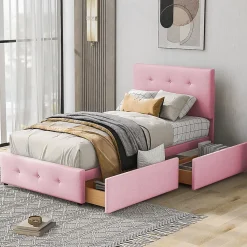 Lit enfant 90x200 cm - Sommier À Lattes et 2 Tiroirs, Lit Confortable avec Rangement Sous Le Lit, en Velours Rose, Sans Matelas