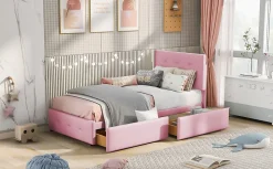 Lit enfant 90x200 cm - Sommier À Lattes et 2 Tiroirs, Lit Confortable avec Rangement Sous Le Lit, en Velours Rose, Sans Matelas