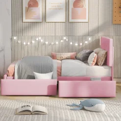 Lit enfant 90x200 cm - Sommier À Lattes et 2 Tiroirs, Lit Confortable avec Rangement Sous Le Lit, en Velours Rose, Sans Matelas
