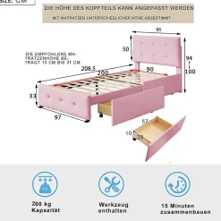 Lit enfant 90x200 cm - Sommier À Lattes et 2 Tiroirs, Lit Confortable avec Rangement Sous Le Lit, en Velours Rose, Sans Matelas