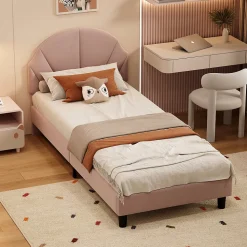 Lit Enfant 90x200 Cm Avec Tête De Lit Réglable Et Sommier à Lattes, Lit Simple Rembourré,rose