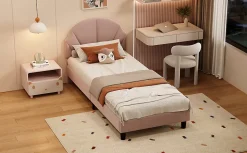 Lit Enfant 90x200 Cm Avec Tête De Lit Réglable Et Sommier à Lattes, Lit Simple Rembourré,rose