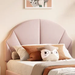 Lit Enfant 90x200 Cm Avec Tête De Lit Réglable Et Sommier à Lattes, Lit Simple Rembourré,rose