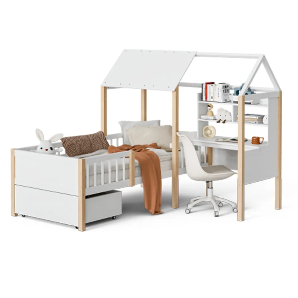 Lit enfant 90x200 cm, barrières, bureau L, tiroirs, bois massif - blanc