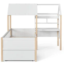 Lit enfant 90x200 cm, barrières, bureau L, tiroirs, bois massif - blanc