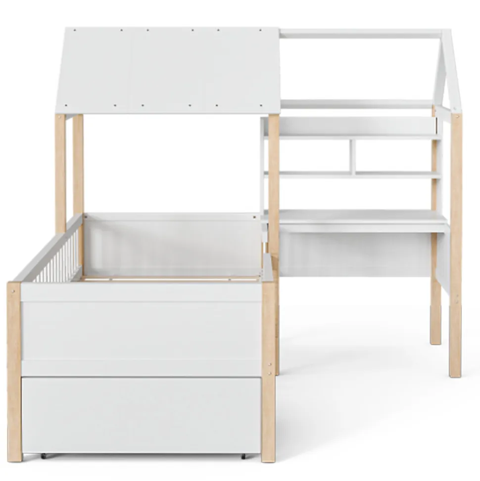 Lit enfant 90x200 cm, barrières, bureau L, tiroirs, bois massif - blanc