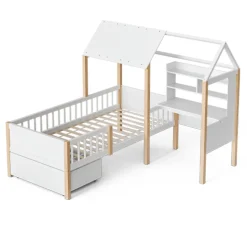 Lit enfant 90x200 cm, barrières, bureau L, tiroirs, bois massif - blanc