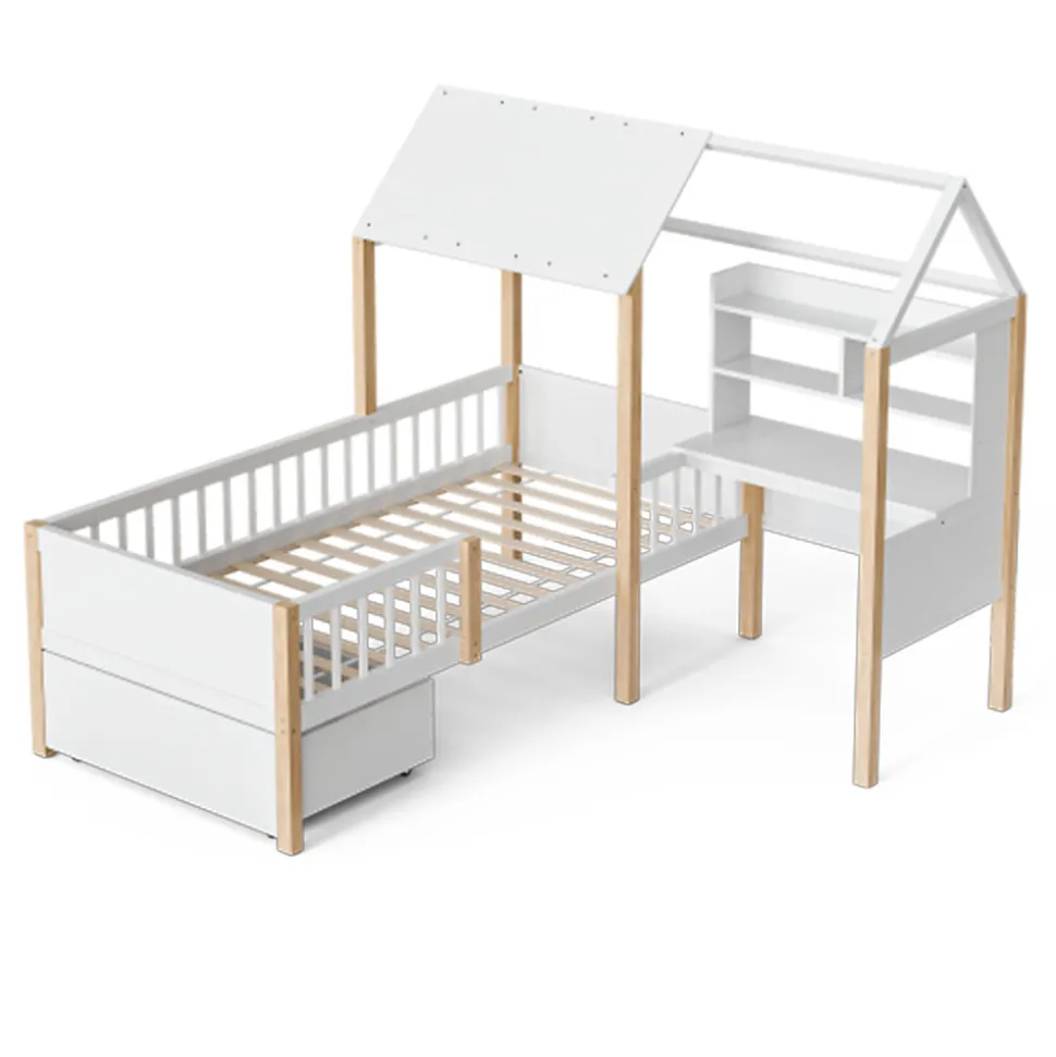 Lit enfant 90x200 cm, barrières, bureau L, tiroirs, bois massif - blanc