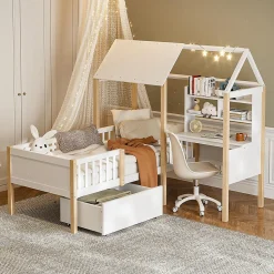 Lit enfant 90x200 cm, barrières, bureau L, tiroirs, bois massif - blanc