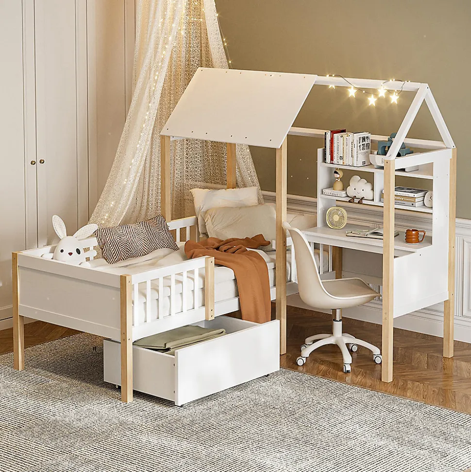 Lit enfant 90x200 cm, barrières, bureau L, tiroirs, bois massif - blanc