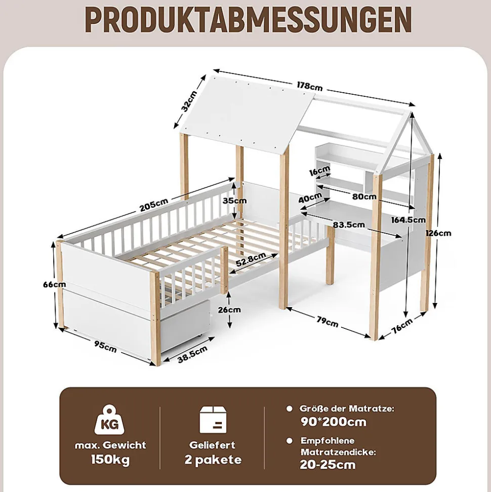 Lit enfant 90x200 cm, barrières, bureau L, tiroirs, bois massif - blanc