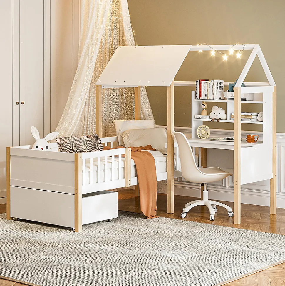 Lit enfant 90x200 cm, barrières, bureau L, tiroirs, bois massif - blanc