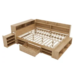 Lit enfant 140x200 cm, bois massif, tiroirs, armoire, recharge sans fil - naturel